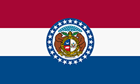 Missouri flag has 3 horizontal stripes in red, white and blue. The center displays the state seal surrounded by 24 stars.