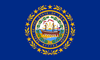 New Hampshire flag has the state seal with the frigate Raleigh surrounded by laurel leaves and 9 stars on a blue background.