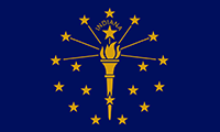 Indiana flag has a gold torch with 6 rays extending outward. 18 gold stars surround the torch. The background is blue.