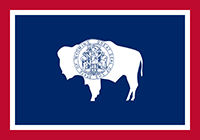 Wyoming flag has the state seal on the shape of a bison. The background is blue with a red and white boarder.