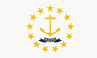 Rhode Island flag is white with a gold anchor in the center. Underneath is a blue ribbon with the state motto of Hope in gold letters. This is all surrounded by 13 gold stars in a circle.