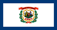West Virginia flag has the state motto, a wreath of rhododendron, and the state coat-of-arms on a white background. The flag has a dark blue boarder.
