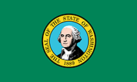 Washington flag has a picture of George Washington in the center. Written around are the words: The Seal of the State of Washington 1889. The background is green.