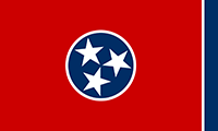 Tennessee flag has 3 white stars in the center on a dark blue circle with a white outline. The rest of the flag is red except a strip of dark blue with white outline on one edge.