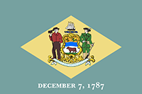 Delaware flag has the state coat-of-arms inside a diamond. Below is the date December 7, 1787. The background is colonial blue.