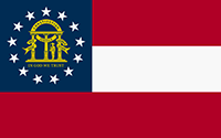 Georgia flag has 3 horizontal bars of equal width, 2 outer red bars and a white in the center. The left top corner has a blue square with the state’s coat-of-arms in the center.