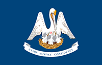 Louisiana flag displays a white pelican nurturing its young. A white banner below contains the state motto.
