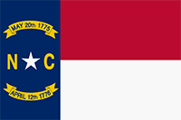 North Carolina flag has a vertical blue rectangle on the pole side. Extending horizontally from there are 2 equal stripes of red and white. On the blue rectangle is a white star with the letter N on the left and the letter C on the right.