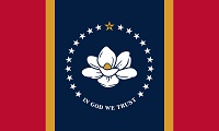 Mississippi flag consists of a white magnolia blossom surrounded by 21 stars and the words In God We Trust written below, all put over a blue Canadian pale with two vertical gold borders on a red field.