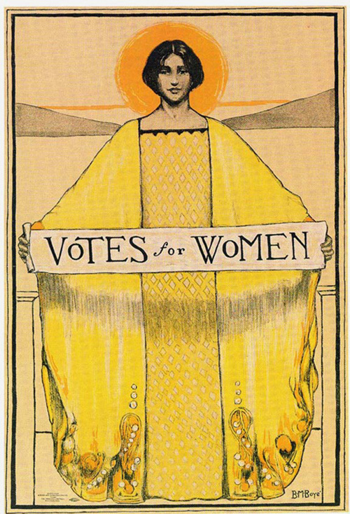 Drawing of woman with short, dark hair, in an elegant long dress holding a sign reading: Votes for Women. A sun sets in distance