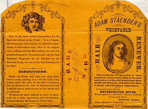 Drawing of 2 women's heads and shoulders. Label has directions for use.