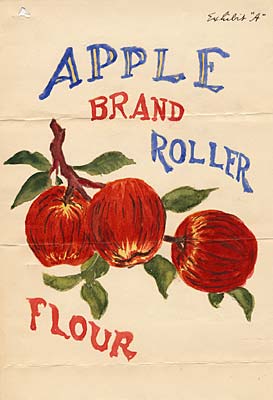 3 apples drawn on a piece of paper with the words "Apple Brand Roller Flour"