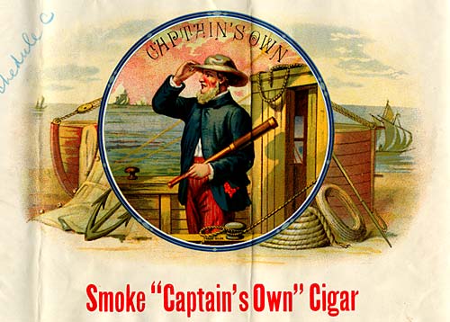 Drawing of man in 19th century ship captain clothing holding a spyglass and standing on boat deck.