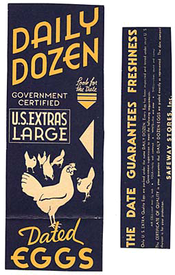 Drawing of chickens with the words "Daily Dozen Government Certified U.S. Extras Large Dated Eggs"