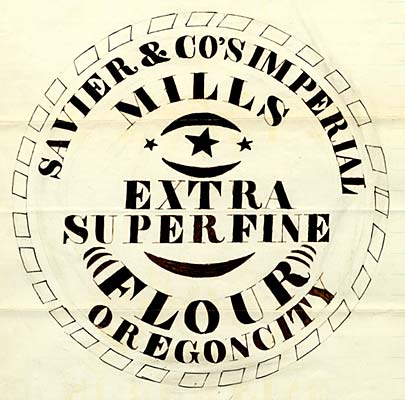 Circular design with words "Savier & Co's Imperial Mills Extra Superfine Floud Oregon City"
