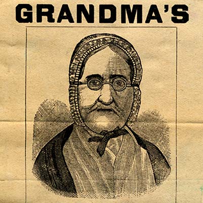 Drawing of elderly woman with head scarf and shawl with word "Grandma's" over top.