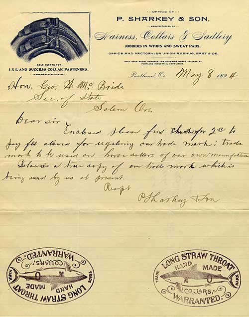 Letter dated May 8, 1894 from P.Sharkey & Son to Secretary of State of Oregon.