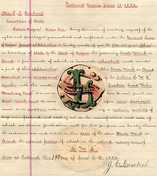 Letter date June 1886 from J.C. Luckels to Secrtary of State. Trademark is letters L & S entwined in oval shape.