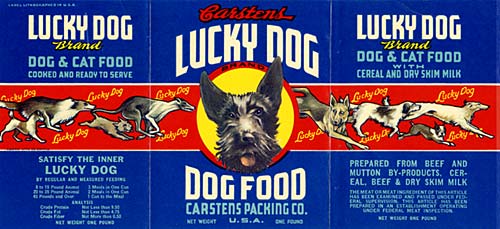 Drawing of 9 types of dogs happily running. Label reads "Carstens Lucky Dog Dog Food"