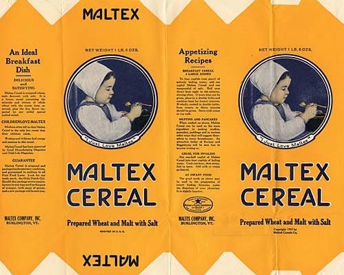Picture of young girl sitting at table eating cereal. Words read "Maltex Cereal, Prepared What and Malt with Salt"