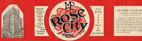 Left of label has drawing of tall city building. Righ has rose and words "MF Rose City Tissue"