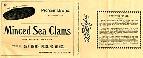 Left of label has drawing of clam & words "Minced Sea Clams." Right side lists directions for use.