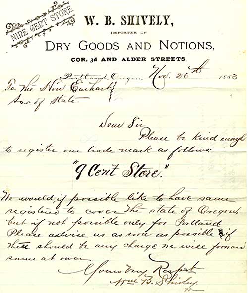 Letter with letter head of W.B. Shively, importer of Dry Goods and Notions, to Secretary of State.