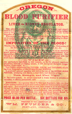 Drawing of baby torso in background with words over top: "Oregon Blod Purifier, liver and kidney regulator." Price $1 per bottle