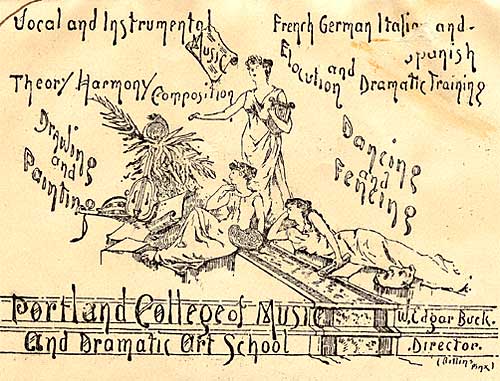 Drawing of women depicting art, music and composing. "Portland College of Music and Dramatic Art School"