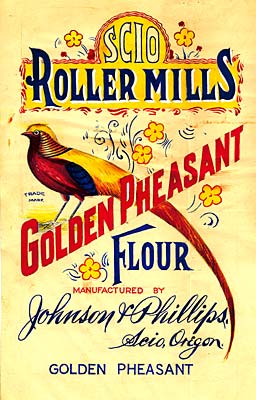 Drawing of a pheasant with words "Scio Roller Mills Golden Pheasant Flour manufactured by Johnson & Phillips, Scio Oregon"