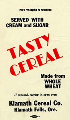 "Tasty Cereal" in large type in center. Other text reads "Served with Cream and Sugar, Made from Whole Wheat"