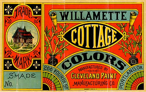 Left of label has drawing of house in country. Right reads "Willamette Cottage Colors. Cleveland Paint Manufacturing Co."