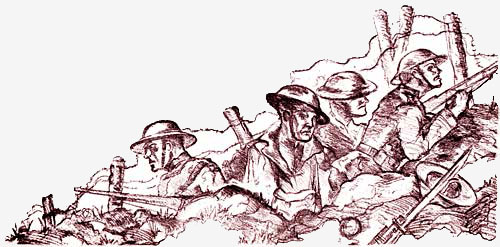 Drawing shows four American soldiers with guns in the trench.