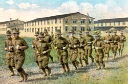 Men in the army in WWI jog across a lawn.