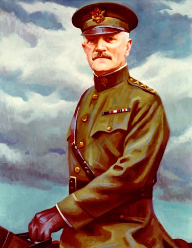 Painting of General John J. Pershing atop a horse. The horse is not seen. Only Pershing from the waist up.