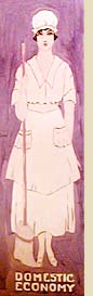 Drawing of woman in house cleaning dress from world war 1. She holds a broom and the words "Domestic Economy" are written below.