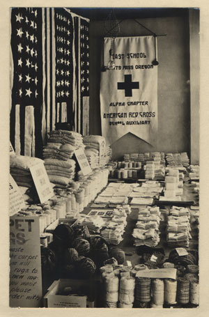 Piles of supplies prepared for servicemen and women by the Grants Pass Red Cross school of boys and girls.