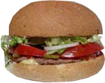 Hamburger, renamed the Liberty Burger with bun, lettuce, tomato, onian, burger.