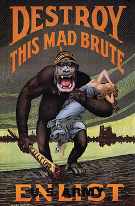 Germany depicted as a large, dangerous ape with a club carrying away a woman. The woman is meant to represent lady libery, U.S. 