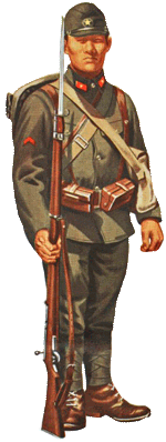 Drawing of Japanses infantry rifleman wearing military attire and carying rifle with bayonet on the end.