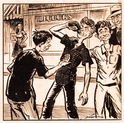 Cartoon of young man talking with 3 others. One is drinking out of a bottle of alcohol. They all look like delinquents.