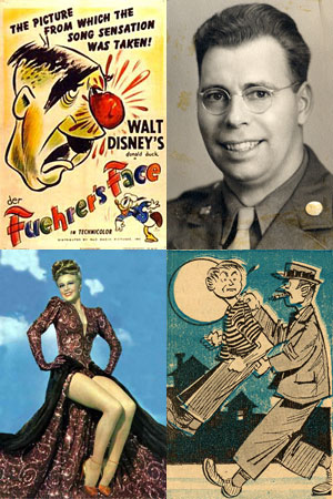 Cartoon face of Hitler, photo of solider, cartoon of man forcefully carrying boy away, photo of Ginger Rogers.