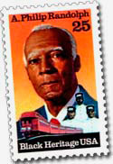 25 cent stamp with drawing of A. Phillip Randolph, a train & train conductors. "Black Heritage USA" printed at bottom.