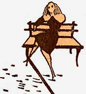 Drawing of woman in dress sitting on bench.