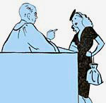 Drawing of woman standing in front of a judge's desk. Judge wags a finger at her in the form of a lecture.