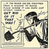 Drawing of man with safety goggles and shovel dumping something out a window.