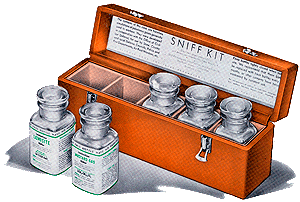 Drawing of a rectangle wood box with 5 slots that hold glass jars. 3 jars are in the box with the lid open. 2 jars sit outside.
