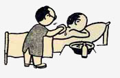 cartoon of 1 man rubbing another man's back with cloth.