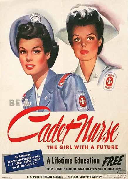 Drawing of 2 nurses in stylish outfits. Advertise for "Be a Cadet Nurse the girl with a future"