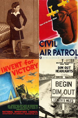 Woman pumping water out of bucket, drawing of soldier with airplanes for Civil Air Patrol, "Dim Out Headlights" sign, drawing of airplanes flying and words "Invent for Victory" 